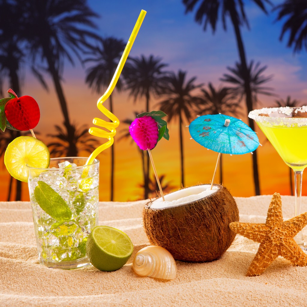beach cocktail sunset on palm tree sand mojito margarita coconut